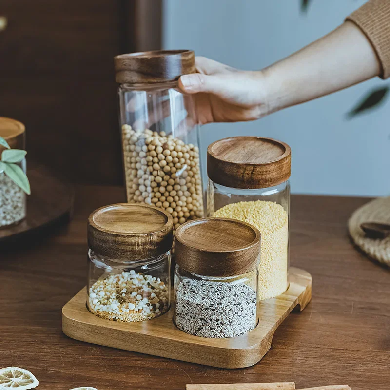 Food Storage Containers Glass - Wood Lid Orgnizer Glass Airtight Canister